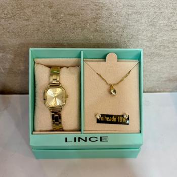 Relógio Lince Feminino Dourado Quadrado Com Kit Colar e Brincos LQGM084L23 51087