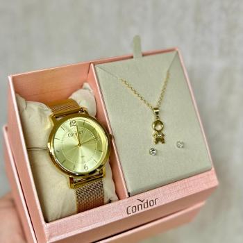 Kit Relogio Condor Feminino Dourado C/Colar e Brinco  CO20350AW 50812