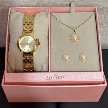 Kit Relógio Condor Feminino Dourado C/ Colar e Brincos Mostrador Dourado CO2035NWZ 49812