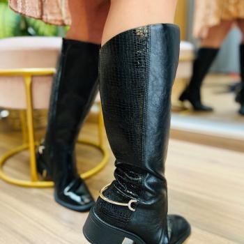 Bota Ramarim Feminina 2665103 Cano Alto Croco Verniz Preto 50587