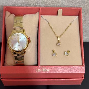 Kit Relogio Condor Dourado Feminino Com Colar e Brinco CO2035NDI/K4K 51037