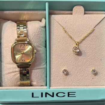 Relogio Lince Dourado Feminino Com Mostrador Dourado e Kit Colar e Brincos LQGM084L23 51067
