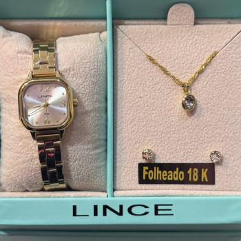 Relogio Lince Dourado Feminino Com Mostrador Branco e Kit Colar e Brincos LQGM084L23 51066