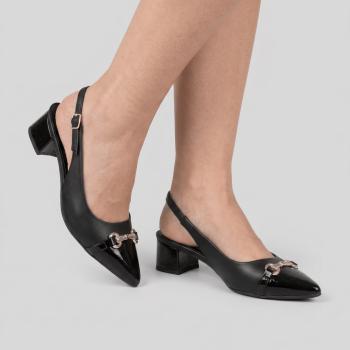 Sapato Slingback Piccadilly Feminino C/Bico Fino Preto Salto Bloco 739148 51934