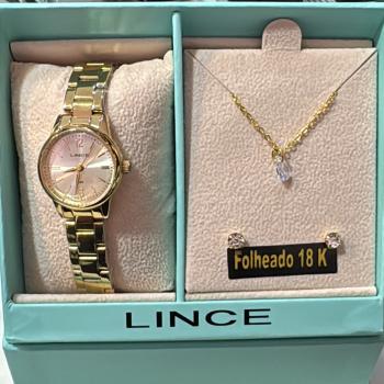 Relogio Lince Dourado Feminino Com Mostrador Dourado e Kit Colar e Brincos LRGM086L25 51064