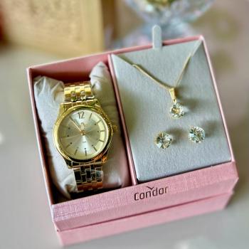 Kit Relogio Feminino Condor Dourado C/ Colar e Brinco CO2035OAM 50810