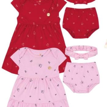 Conjunto Kiko e Kika Feminino Bebê 14534 Vestido Manga Curta/ Cobre Fralda/Faixa P ao G 43932