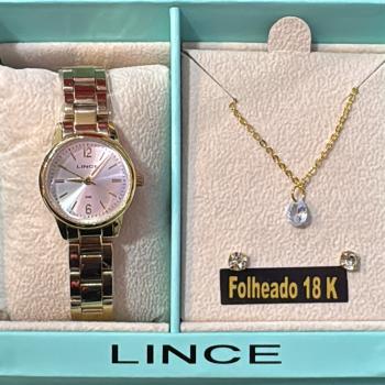 Relogio Lince Dourado Feminino Com Mostrador Branco e Kit Colar e Brincos LRGM086L25 51065