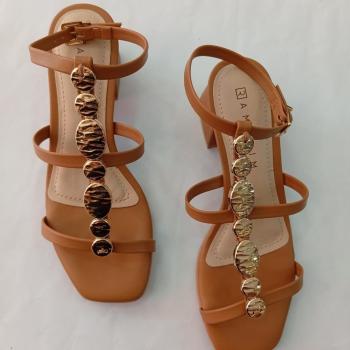 Sandália Ramarim Feminina Salto Bloco Aplicação Dourada 2530203 Camel 50227