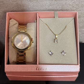 Kit Relógio Condor Dourado Feminino Com Brinco e Colar CO2035NBS/K4D 51054