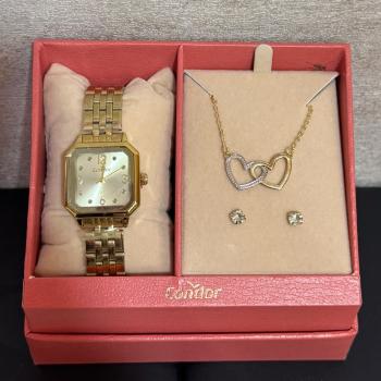 Kit Relogio Condor Dourado Feminino C/Colar e Brinco  CO2035MZL 50813