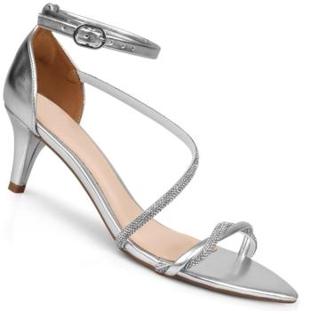 Sandalia Salto Medio Fino Mariotta Feminino Prata Bico Folha  C/Strass 30645 51962