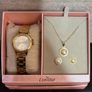 Kit Relógio Condor Dourado Mostrador Branco Feminino Com Brinco e Colar CO2035OAH/K4X 50681