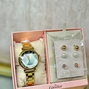 Kit Relogio Condor Dourado feminino Trio de Brinco CO2035NJQ 50807