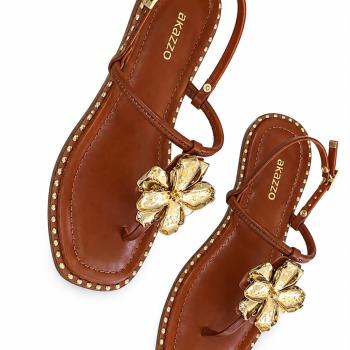 Sandália Rasteira Akazzo Feminina 4531ZB Aplicação Flor Dourada Whisk 52059