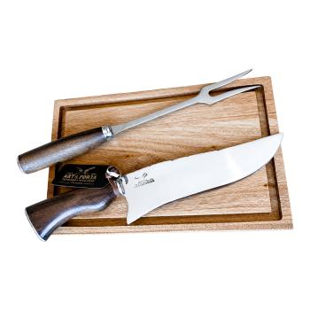 AeF - Kit Promo Conjunto Faca Picanheira e Garfo 8 Pol Cabo Madeira, Osso ou Misto Aço Inox 2mm + Tábua Petisco + Caixa MDF