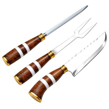AeF - Tri Conjunto Faca, Chaira e Garfo 7 Pol Cabo Madeira, Osso ou Misto Aço Inox 2mm