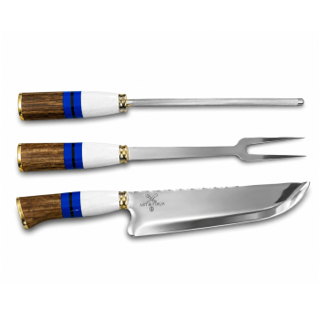 AeF - Tri Conjunto Picanheira, Chaira e Garfo 10 Pol 3mm cabo Madeira/Osso Aço Inox 3mm