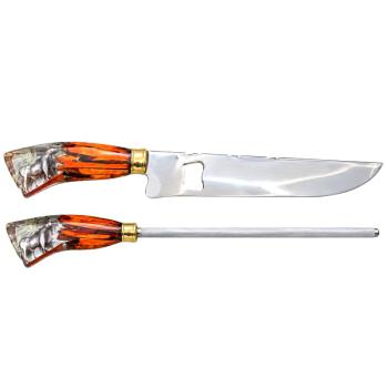 AeF - Conjunto Faca Churrasco e Chaira 10 Pol Cabo Resina Aço Inox 3mm