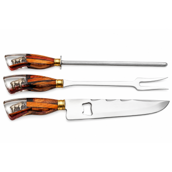 AeF - Tri Conjunto Faca Churrasco, Chaira e Garfo 10 Pol Cabo Resina Aço Inox 3mm