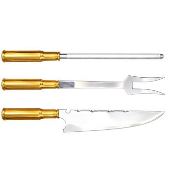 AeF - Tri Conjunto Faca Churrasco, Chaira e Garfo 10 Pol Cabo Zamac Maciço Aço Inox/Carbono 3mm