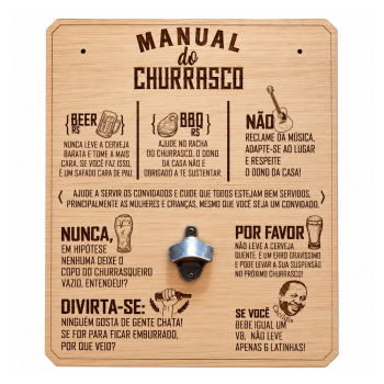 AeF - Quadro Manual do Churrasco COM Abridor Grande - MDF 6mm Amadeirado - 40x50cm
