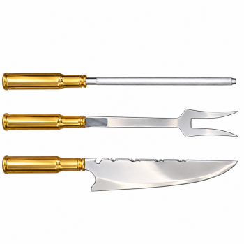 AeF - Tri Conjunto Faca Churrasco, Chaira e Garfo 10 Pol Cabo Zamac Maciço Aço Inox/Carbono 3mm