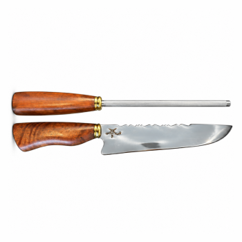 AeF - Conjunto Faca Churrasco e Chaira 10 Pol Cabo Madeira, Osso ou Misto Aço Inox 2mm