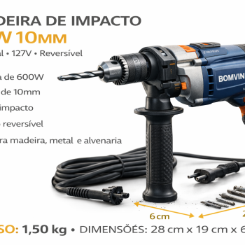 Furadeira de Impacto 600W 10mm 127V Profissional Elétrica Reversível para Madeira Metal e Alvenaria Bomvink BOM-9669
