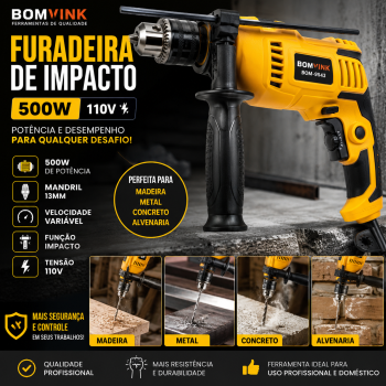 Furadeira de Impacto 500W 110V Mandril 13mm Velocidade Variável para Madeira Metal Concreto Alvenaria Bomvink BOM-9543