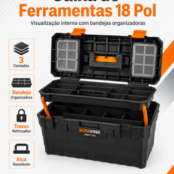 Caixa de Ferramentas Plástica 18 Polegadas 3 Camadas Reforçada com Bandeja Organizadora Alça Travas para Ferramentas Parafusos Peças Oficina Casa Manutenção Bomvink BOM-7728
