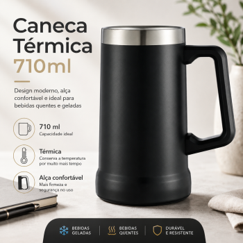 Caneca Térmica 710ml Inox com Alça para Chopp Cerveja Bebidas Geladas e Quentes Preta Premium