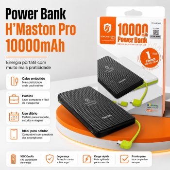 Bateria Portátil Power Bank 10000mAh com Cabo Embutido Carregador Portátil Universal USB para Celular Android iPhone Samsung Motorola Xiaomi Tablet Viagem Trabalho Escola e Emergência H’Maston Pro PN-951**