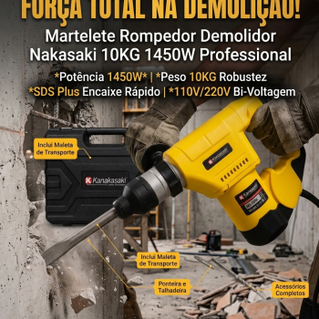 Martelete Rompedor Demolidor 10KG Profissional SDS Plus 1450W 110V/220V com Maleta Ponteira Talhadeira para Concreto Piso Parede Alvenaria e Construção Civil Nakasaki