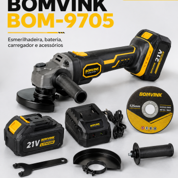 Esmerilhadeira Angular Sem Fio Bomvink BOM-9705 21V Disco 125mm Bateria Recarregável com Carregador e Acessórios Profissional Corte Desbaste Metal Construção Civil Mecânica