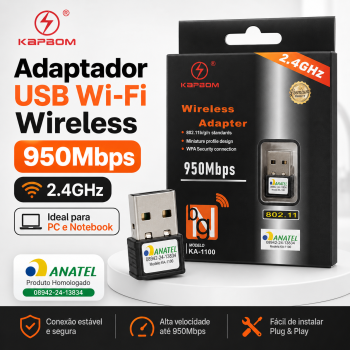 Adaptador Wi-Fi USB Wireless 950Mbps 2.4GHz Nano Receptor de Internet Sem Fio 802.11 b/g/n para PC Desktop Notebook Windows Linux macOS Instalação Fácil Kapbom KA-1100**