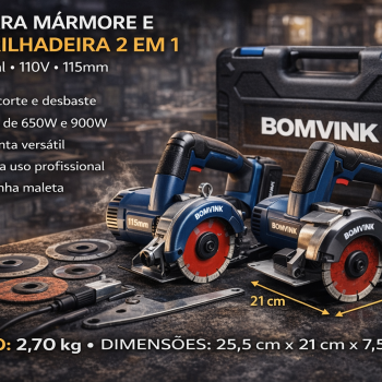 Kit Serra Mármore e Esmerilhadeira 2 em 1 110V Profissional 650W 900W 115mm para Corte e Desbaste com Maleta Bomvink BOM-9601