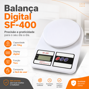 Balança Digital de Cozinha SF400B 10kg Alta Precisão Display LCD Função Tara Pesagem Alimentos Nutrição Confeitaria Uso Doméstico Profissional++