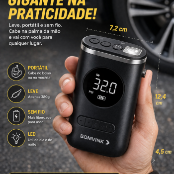 Bomba de Ar Compressor Digital Portátil Recarregável com LED 150 PSI Calibrador de Pneu Carro Moto Bicicleta Bola Piscina Infláveis Tela LCD Automático Bomvink BOM-8905++