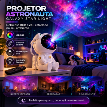 Projetor Astronauta Galaxy Star Light LED Luminária Noturna Projetor de Estrelas Nebulosa RGB USB Controle Remoto Decoração Quarto Infantil Gamer Relaxamento Ambient Light
