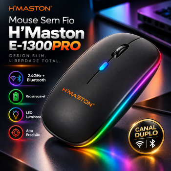 Mouse Sem Fio H’Maston E-1300PRO Wireless 2.4GHz + Bluetooth Canal Duplo Recarregável LED Luminoso Alta Precisão Compatível PC Notebook Tablet Smartphone