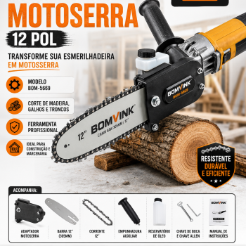 Adaptador Motosserra 12 Pol para Esmerilhadeira Bomvink BOM-5669 Conversor para Transformar Esmerilhadeira em Motosserra Corte de Madeira Galhos Troncos Ferramenta Profissional Construção e Marcenaria  **
