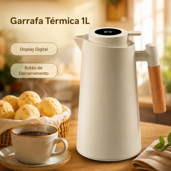 Garrafa Térmica de Vácuo 1L Com Botão de Derramamento Display Temperatura LED Parede Dupla Isolamento Térmico Bebidas Quentes e Frias Antivazamento Premium PP Cabo Madeira Moderna Portátil