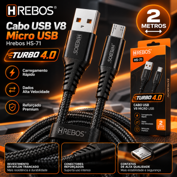 Cabo USB V8 Micro USB Hrebos HS-71 Turbo 4.0 2 Metros Carregamento Rápido Dados Alta Velocidade Android Reforçado Premium**