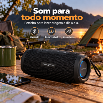 Caixa de Som Bluetooth H’Maston IPX6 20W Portátil Prova d’Água Áudio Estéreo TWS Recarregável Luz LED Compatível Celular Tablet Notebook Uso Externo e Festa***