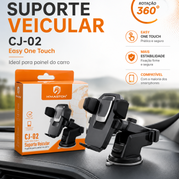 Suporte Veicular para Celular H’Maston CJ-02 Easy One Touch Painel Parabrisa Ajuste 360° Universal Smartphone Preto