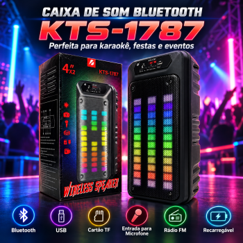 Caixa de Som Bluetooth Portátil USB Cartão de Memória TF Entrada para Microfone Rádio FM Recarregável para Karaokê Festa e Eventos KTS-1787***
