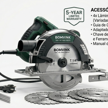 Serra Circular 1100W 110V Profissional Elétrica 7.1/4 185mm para Madeira MDF e Compensado com Guia de Corte Bomvink BOM-9577