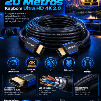 Cabo HDMI 20 Metros Kapbom Ultra HD 4K 2.0 Alta Velocidade 3D Blindado Compatível TV Smart Monitor Notebook Videogame Projetor Home Theater