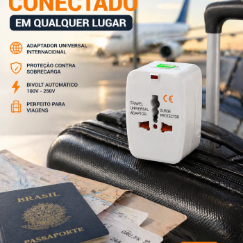 Adaptador de Tomada Universal Internacional Europeu Bivolt para Viagem com Proteção MiniMen CAR-678++